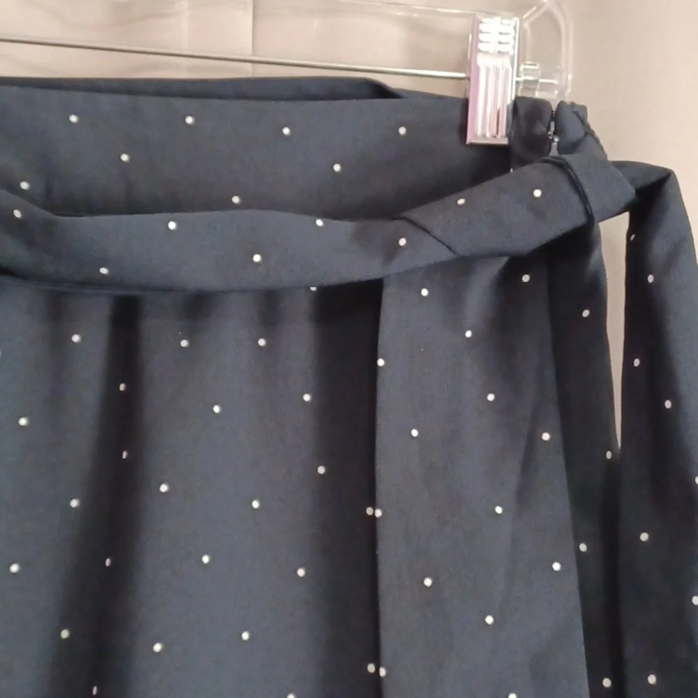 Loft Navy And White Polka Dot Faux Wrap Midi Skirt Removeable Fabric Belt Petite